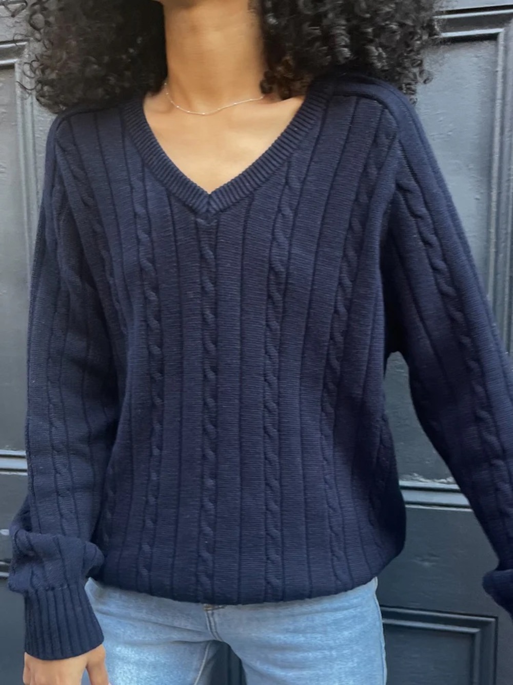 Brandy Melville Navy Ida Cable Knit V-Neck Sweater